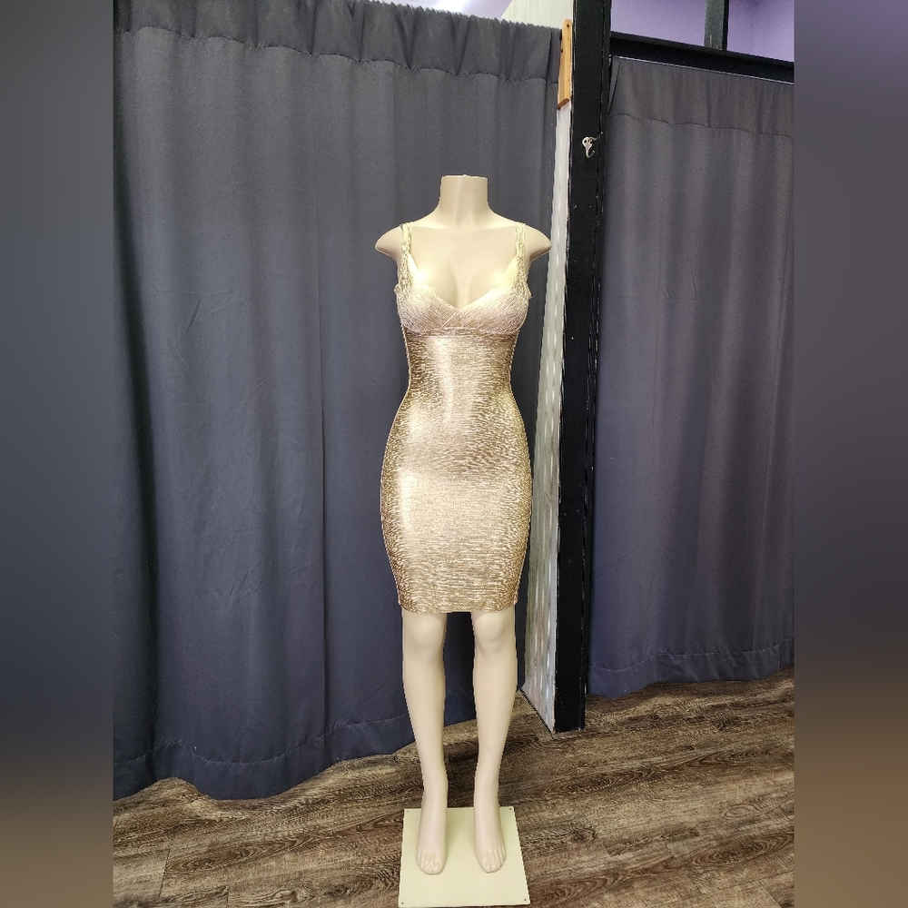 Gold Fitted Stretch Cocktail Dress